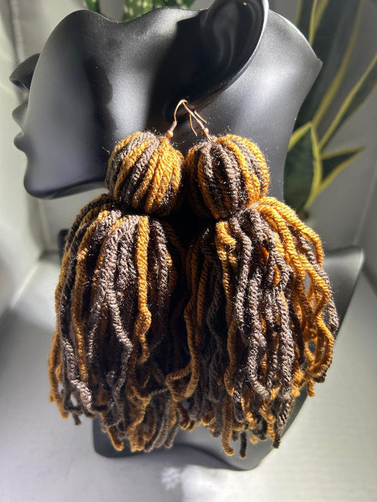 Chunky Yarn Tassel Earrings "Cinnamon Coffee"