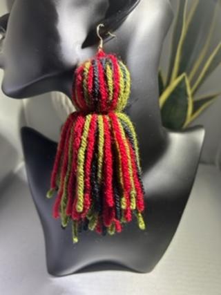 Chunky Yarn Tassel Earrings RED/BLK/GRN